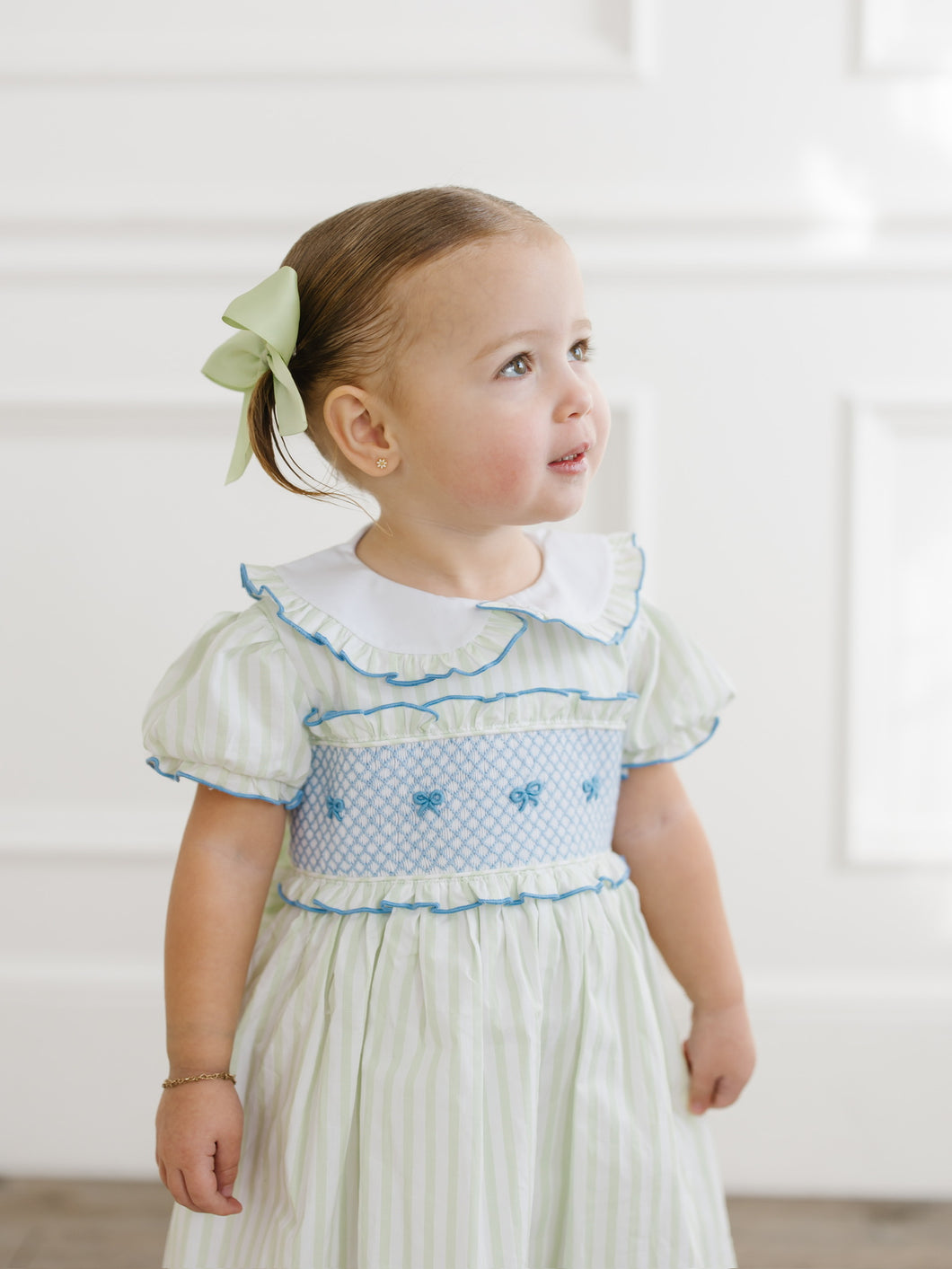 Green Stripe Smocked Bow Dress
