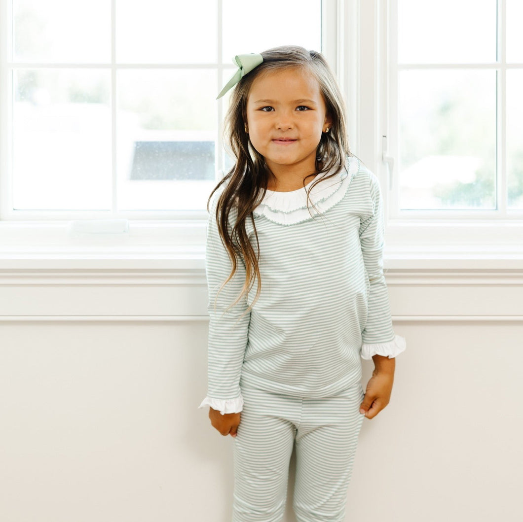 Girls Green Stripe Pajama with Ruffle Collar