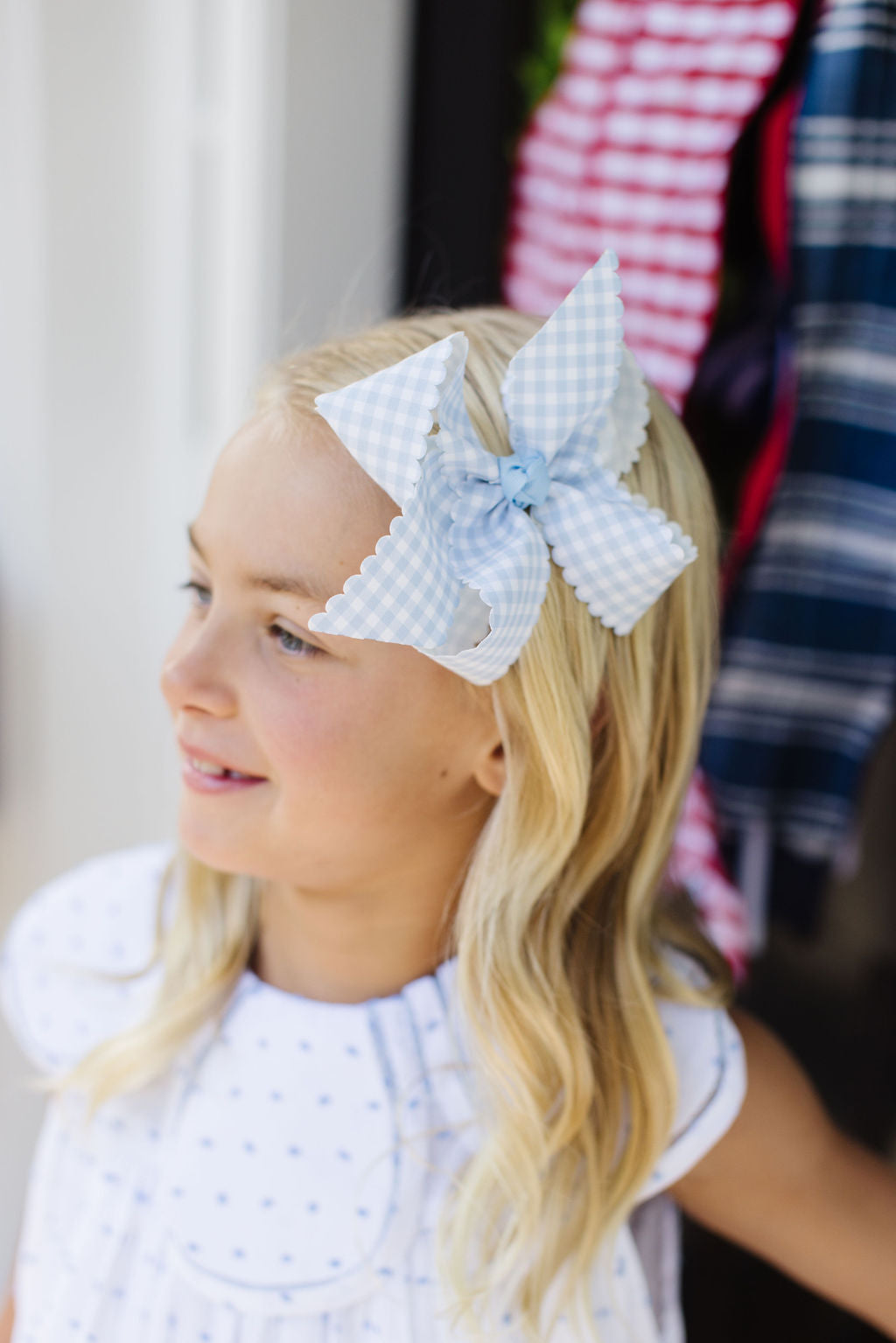 Gingham Scallop Edge Bow in Tiny & Timeless Blue